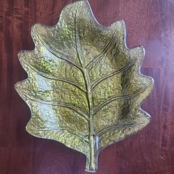 Metallic Green Glass Leaf Platter Dish Tray Fall Harvest