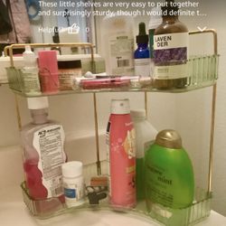  Tier Plastic Bathroom Counter Organizer with Hooks,Corner Vanity Tray and Makeup Storage Shelf for Sink, Countertop (Green Gold) New sealed un assemb