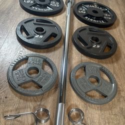 CUZ NEED THE $$ NEW Olympic Equipment: 6 ft Silver Bar & Weight Plates 35s, 25s, and 10s lbs. Total: 180 lbs [ NO, No Better Price]