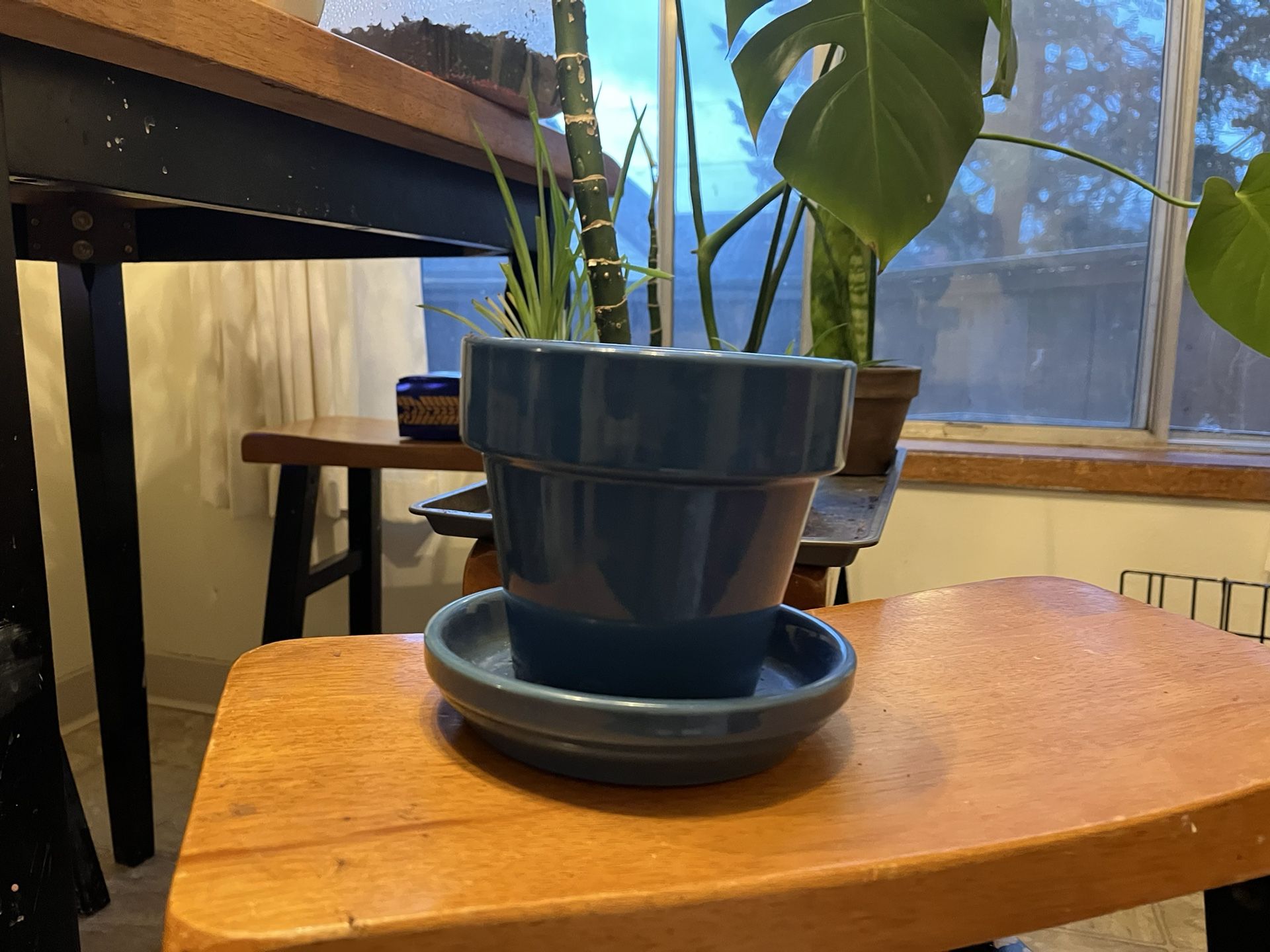 Blue Ceramic Plant Pot With Drainage Hole And Saucer