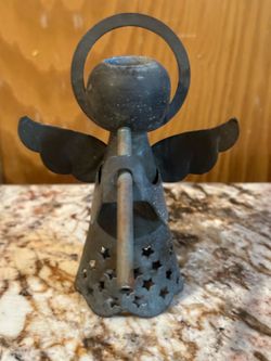 Vintage Dark Metal Angel with Punched Stars Candle Holder