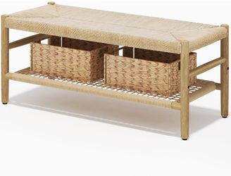 Recaceik Indoor Entryway Bench with Paper Cord Ottoman & Grid Storage Rack and 2 Baskets, Mid-Century Long Bench with Rubber Wood Legs, French Vanity 