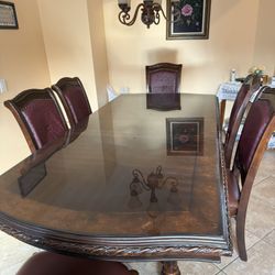 Solid Wood Brown Dining Table Set w/Glass Top