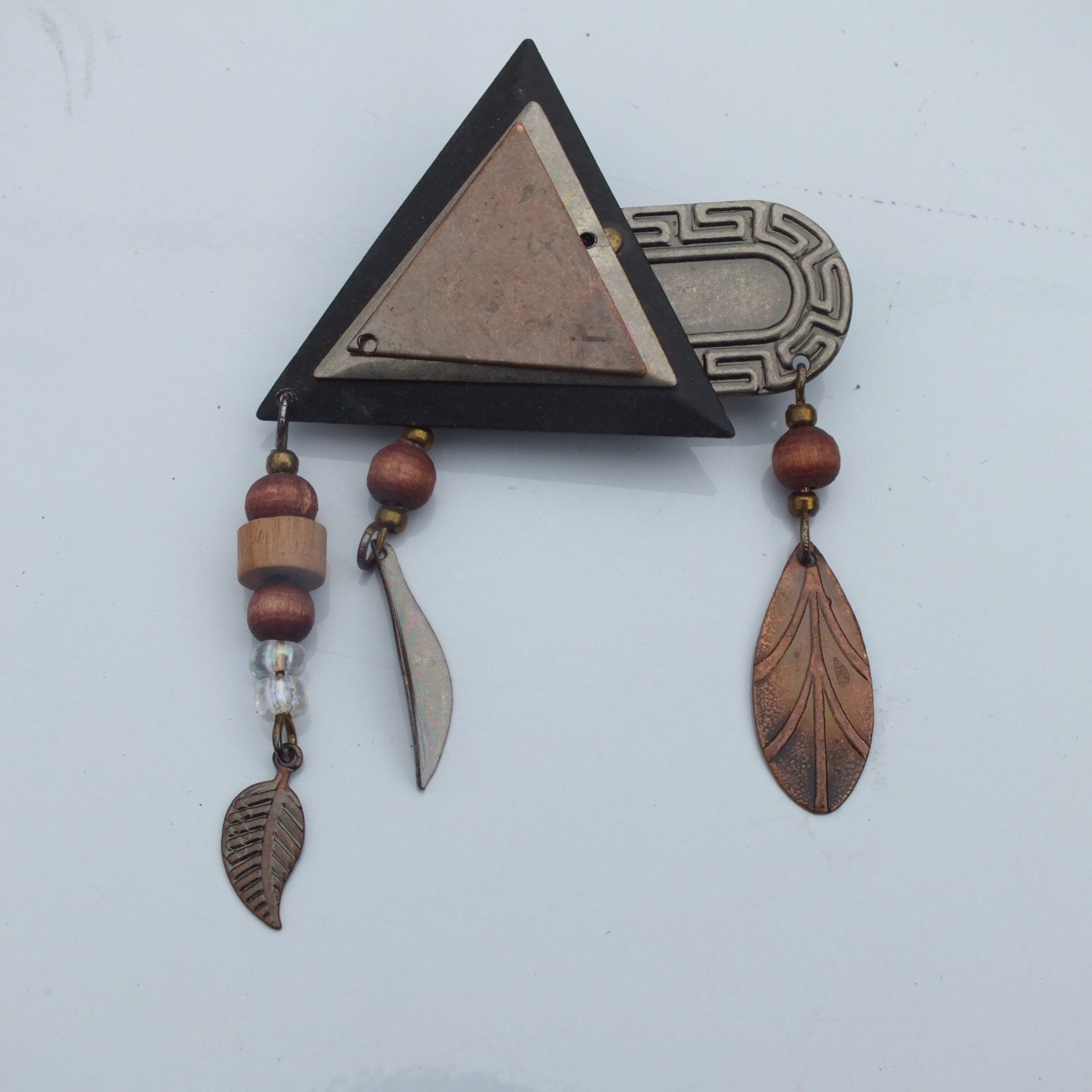 Triangle Brooch with Feather Charms Accents, Unique Southwestern Ladies Fashion Jewelry
