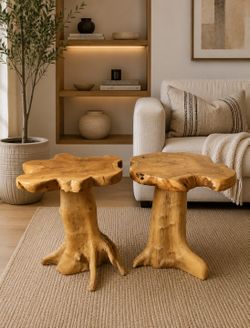 set of two handcrafted solid wood live edge end tables