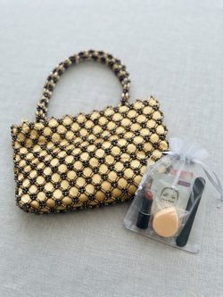 NWOT Vintage Bijoux Terner gold satin & black beaded lattice evening bag & beauty gift bag