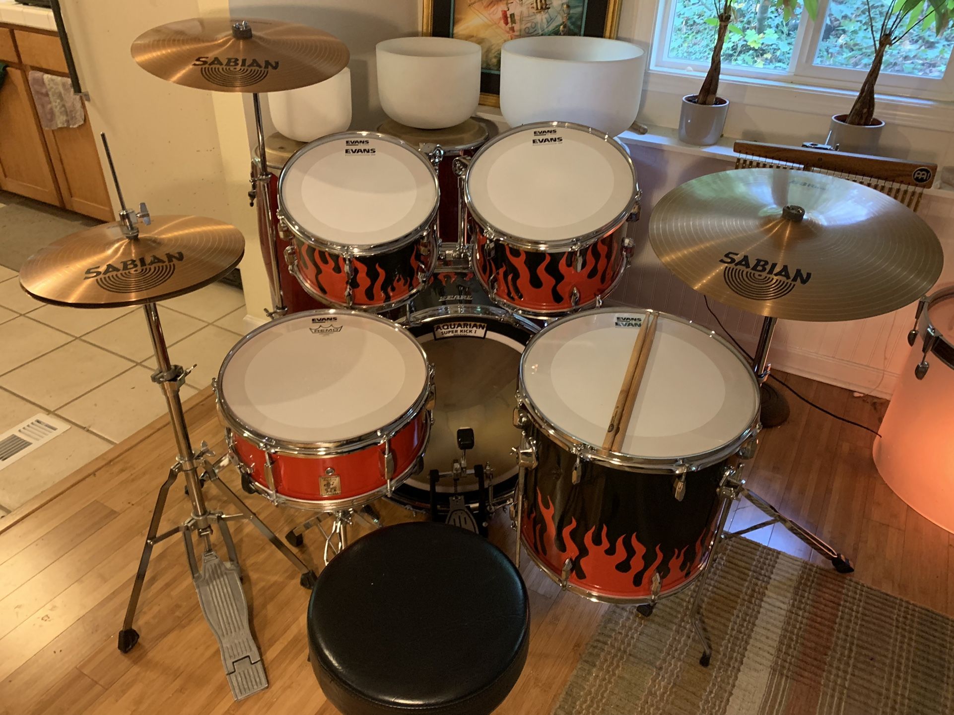 1970’s Pearl Drum Set, Rhythm Traders Snare, New Heads, Sabian Cymbals