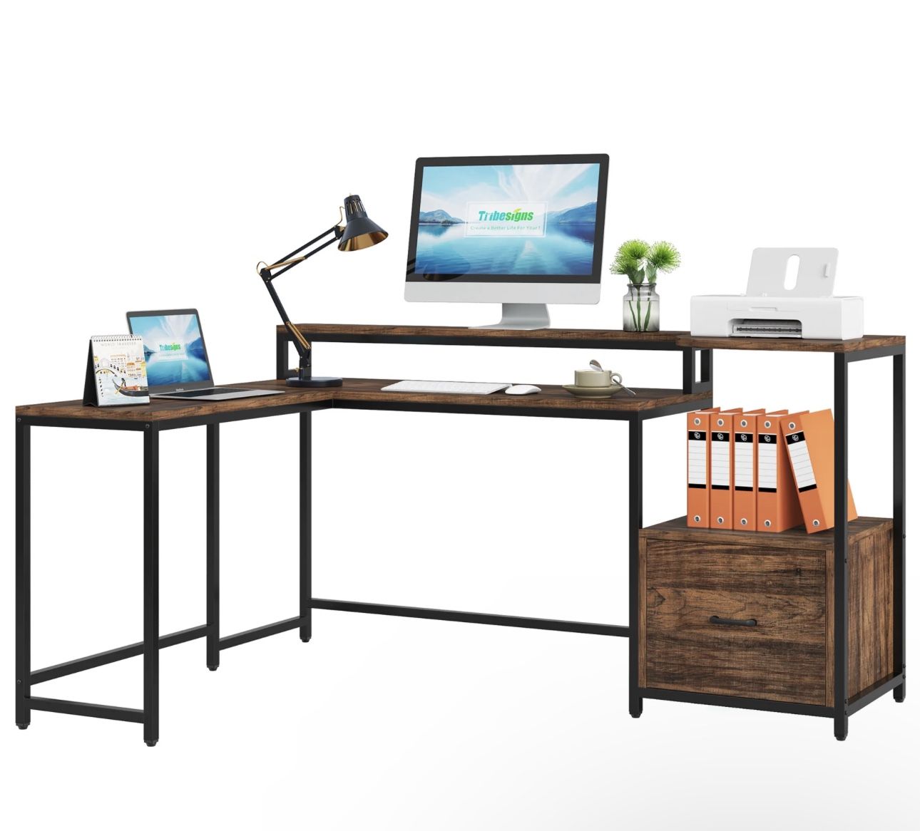 L-Shaped Desk, 67 Inch Corner Computer Desk with Hutch and Drawer IN BOX NEW