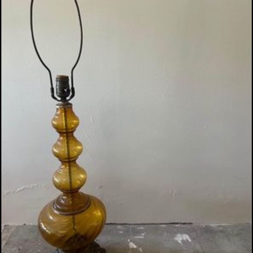 Vintage Hollywood Regency Brass Amber Glass Lamp