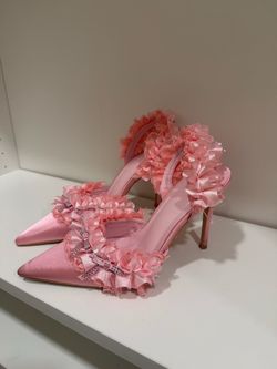 Pink Satin Ruffle Floral Stiletto Heels
