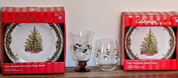 Christmas Bowls, Salad Plates, Stemless Wine Glasses & Goblets (Set of 4)
