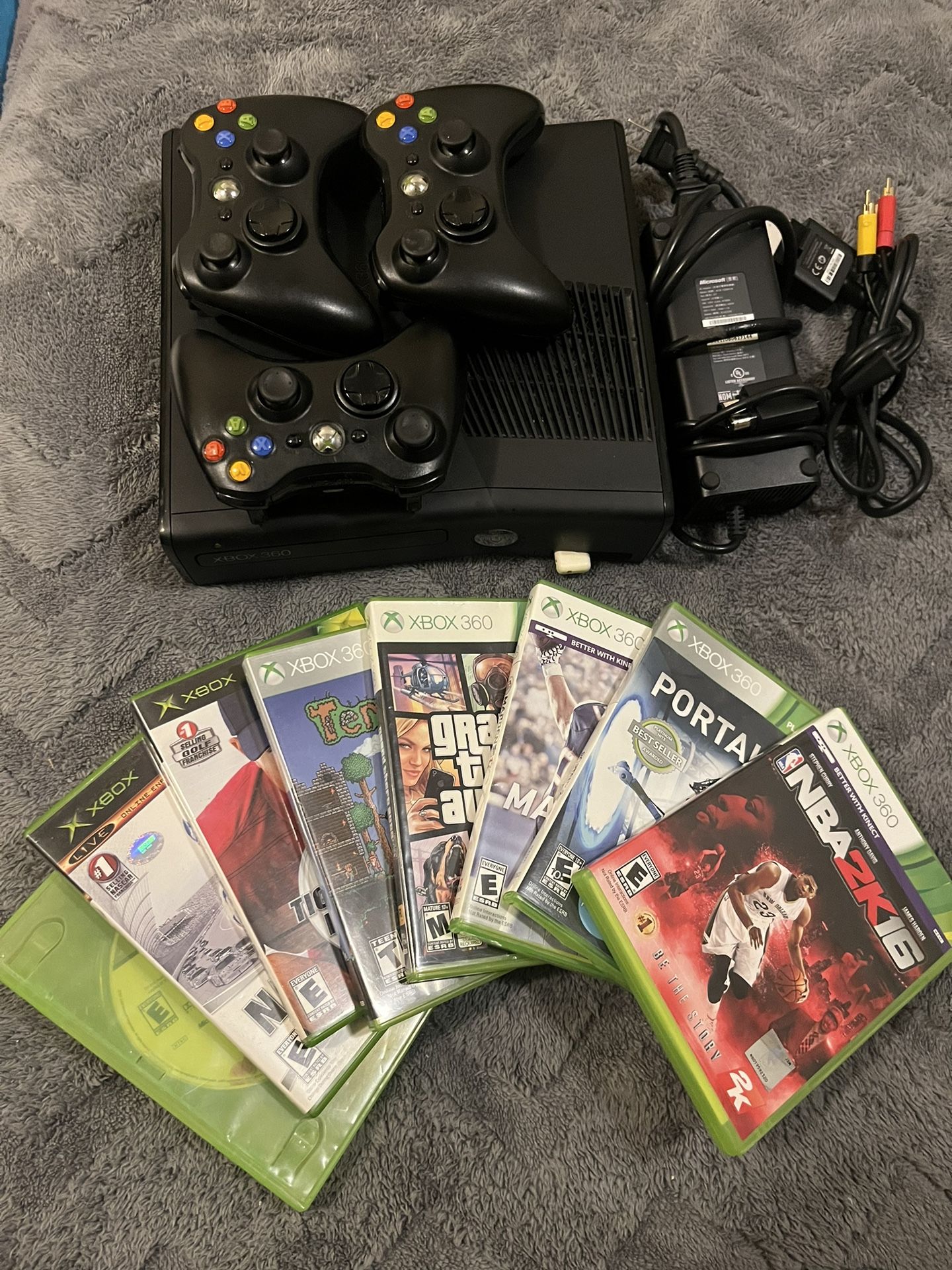 Xbox 360 with 3 controllers & 8 games