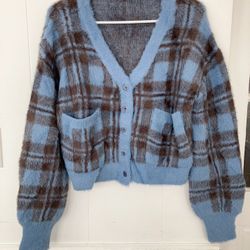 Plaid fuzzy cropped Blue Cardigan Sweater