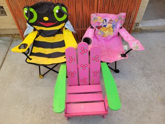 Set Of 3 Kids Chairs & Play Tent - 2 Foldable Camp Chairs & 1 Wooden Adirondack Chair