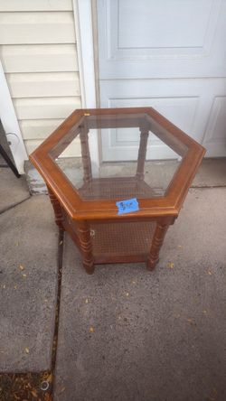 Hexagonal Wood and Glass End Table