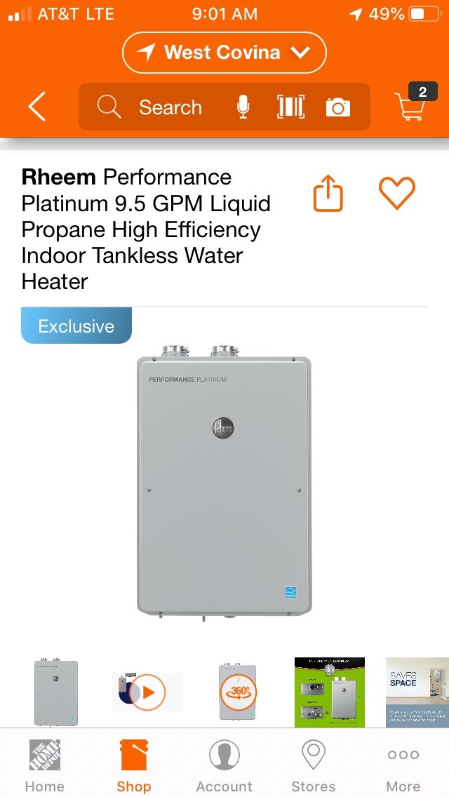 Rheem Performance Platinum 9.5 GPM Liquid Propane High Efficiency Indoor Tankless Water Heater