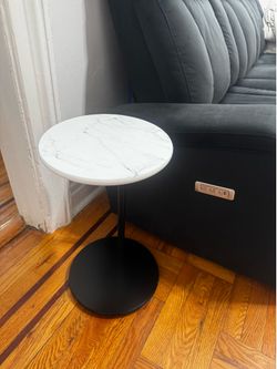 Round White Faux Marble with Black Side End Table