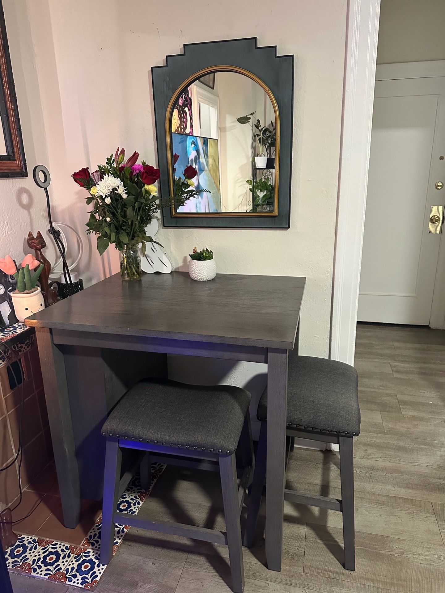 FREE!! Queen Size Bed Frame -Black, 2 Person Dining Room Table - Dark Grey (BOTH DISASSEMBLED)