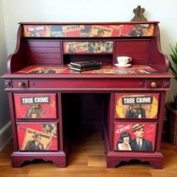 Custom Order Option: Antique Roll-Top Writer's Desk True Crime Lover Art Vintage Home Study Office Decor, Dark Academia (style#1 non-bloody)