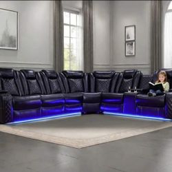 Power Electric Black Leather Fully Reclining Sectional Couch 
