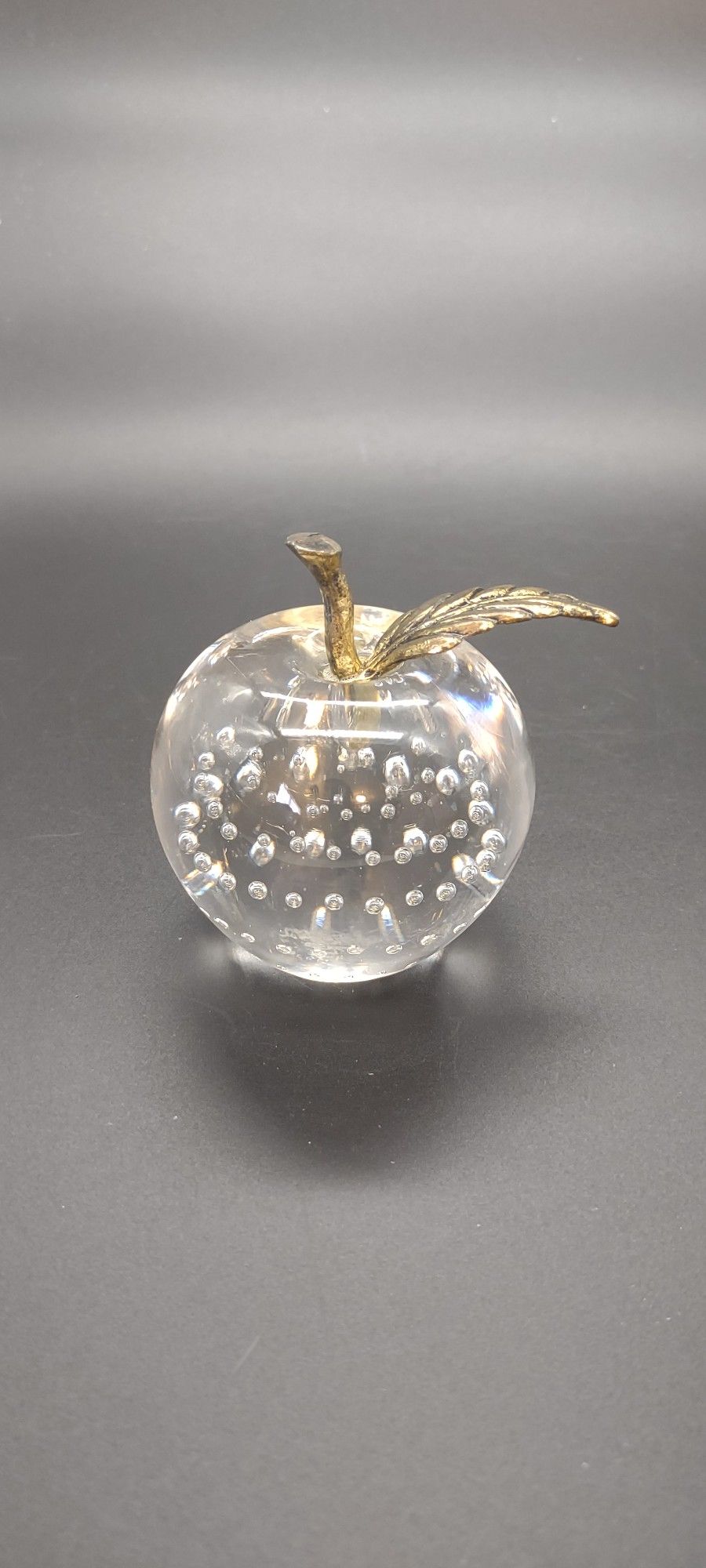 80's Art Glass Silvestri, Clear With Antique Brass Stem And leaf