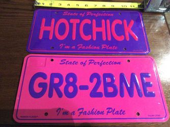 Two brand new all metal fashion license plates