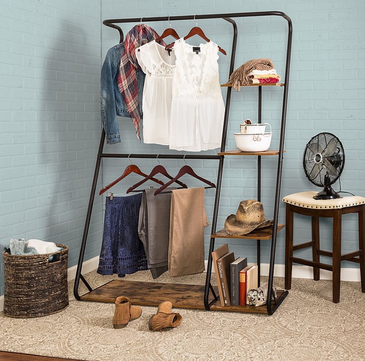 Rustic Z-Frame Free Standing Open Wardrobe /Closet with Shelving