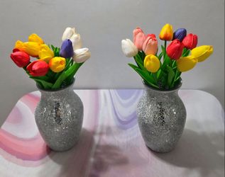 *** PRICE DROP *** Silver Mosaic Vases Filled with Faux Tulips ($20 EACH) @ Lasting Creations