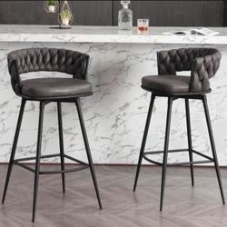Modern Bar Stools Set of 2, 30" Bar Height Barstools, 180° Swivel Suede Fabric Stool Chairs with Woven Back and Footrest for Kitchen Island, Cafe, Pub