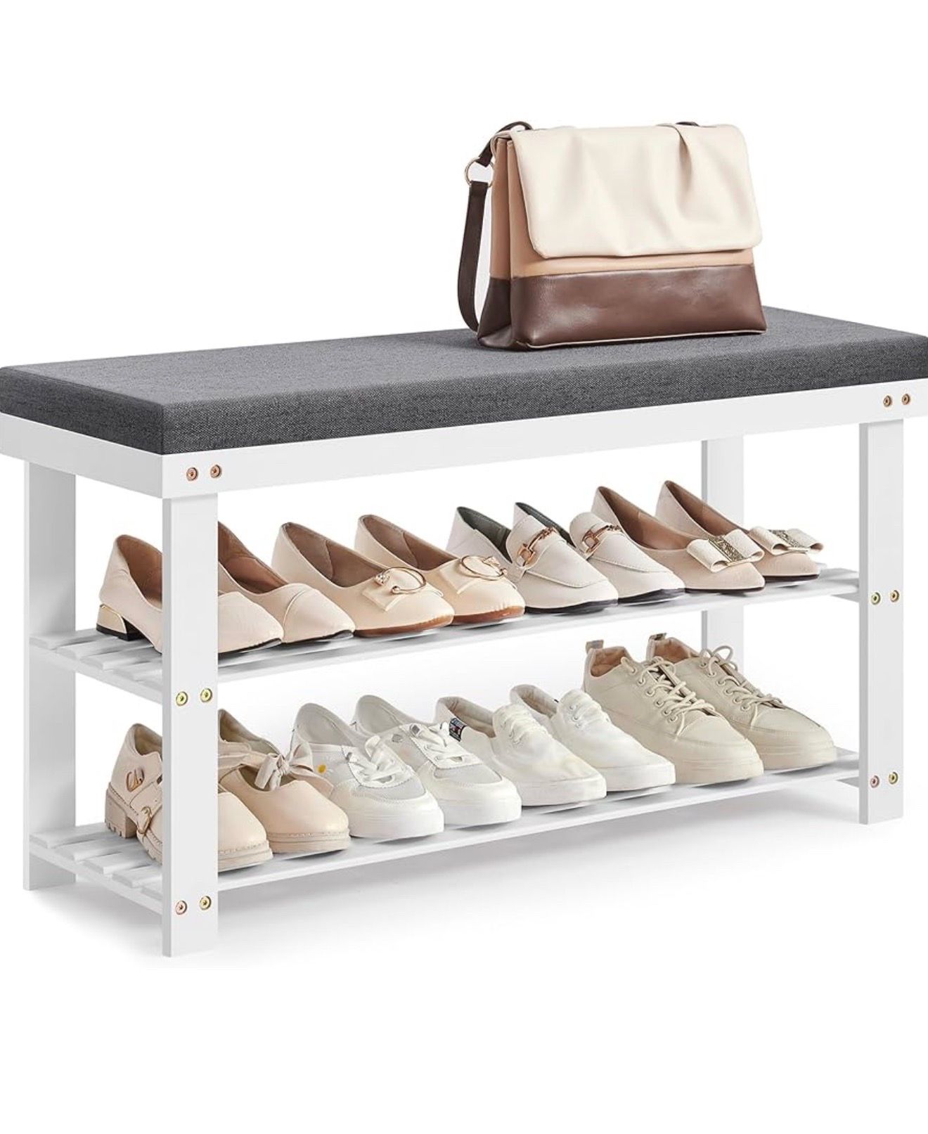 Bamboo Shoe Bench, 3-Tier Shoe Rack Organizer for Entryway, Living Room, Bench Seat Holds Up to 300 lb, 11.9 x 35.4 x 19.2 Inches, Cloud White and Sla