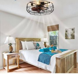 20-inch standard ceiling fan, black, with downrod, indoor/outdoor use, with light, remote/app control, quiet DC motor, ideal for bedrooms.