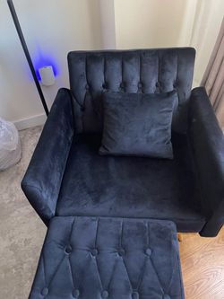 New Black Suede Accent Chair with Gold Legs, Footrest & Pillow 🖤✨
