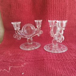 Engraved/Etched Depression Glass Candle Holders 