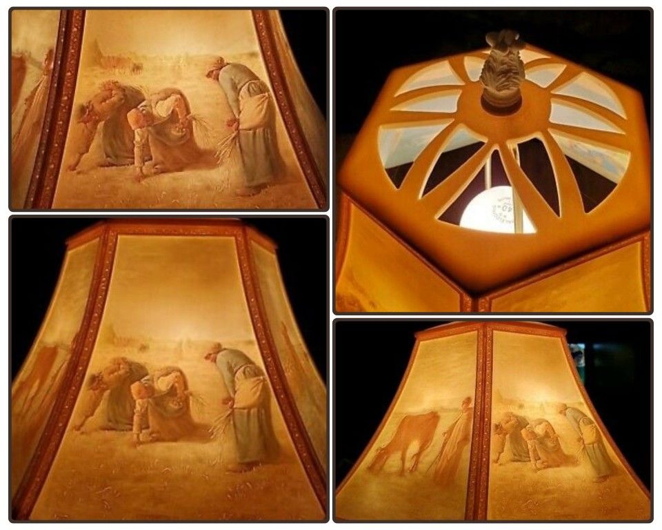 VINTAGE VICTORIAN REVERSE PAINTED LITHOPHANE COLONIAL FARM COLOR ILLUMINATED LAMP SHADE