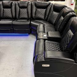 Orion Black Huge Power Reclining Sectional Sofa With Led, Cup Holders, Speakers /P