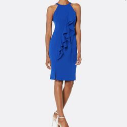 Vince Camuto Women’s Crepe Halter Neck Bodycon Dress with Front Ruffle – Size 6, Cobalt Blue (NWT)