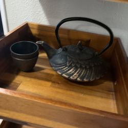 Unused World Market Cast Iron Infuser Teapot And Cups With Mesh Strainer