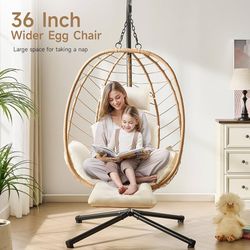 Hanging Egg Chair with Adjustable Footrest & Stand, Wicker Rattan Swing Hammock Chair with Cushion & Double Chains, 350LBS Capacity for Outdoor & Indo