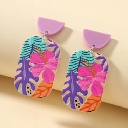 Boho Purple Vibrant Pink Hibiscus & Tropical Leaf Design Floral Acrylic Earrings