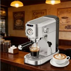 20 Bar Espresso Machine, Compact Stainless Steel Maker with Milk Frother & 34oz Removable Tank for Home Latte & Cappuccino.
