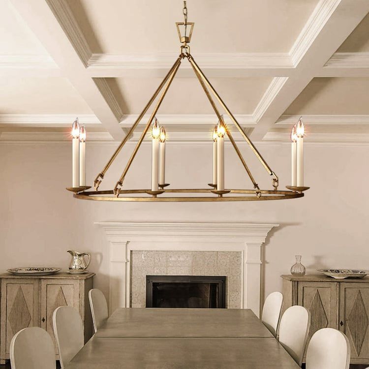 Rustic Candle 8 Light Round Chandelier Antique Brass Living Room