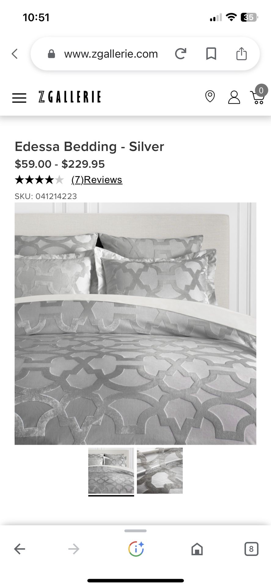 ZGallerie Edessa Duvet Cover King, Two Euro Shams SILVER