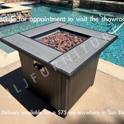 NEW🔥 Fire pit table 30" Outdoor patio Furniture 50,000 BTU Propane Woodgrain Tile Tabletop w/cover ASSEMBLED