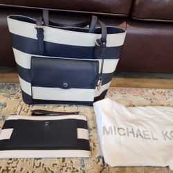 MICHAEL KORS WHITE AND NAVY BLUE STRIPE SAFFIANO LEATHER SHOULDER BAG & Wallet