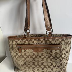 Coach Signature Brown Canvas Tote Bag - Authentic
