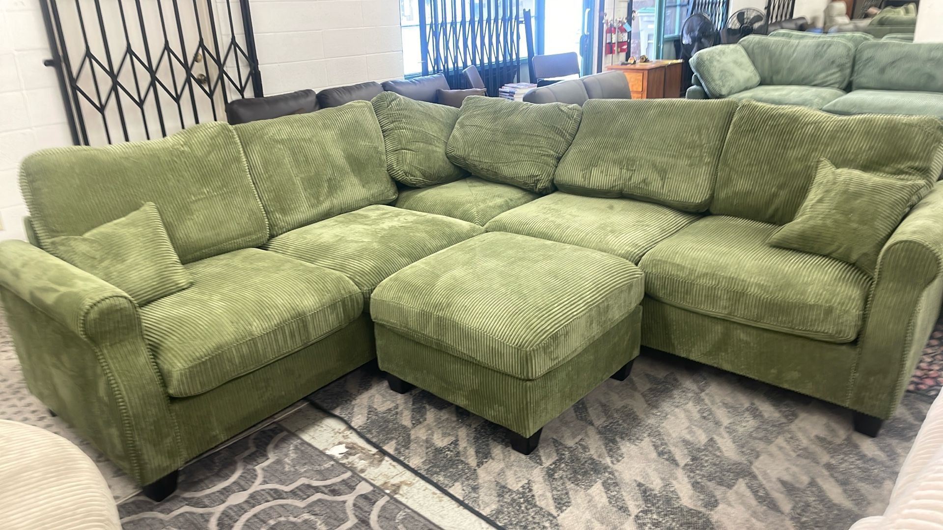 New 99x99 Sage Corduroy Sectional Couch With Ottoman / Free Delivery 