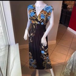 New Women’s Blue Floral dress size XL for size 14-16 Stretchy waist Sleeveless sundress  V neck Summer Vacation Trip 