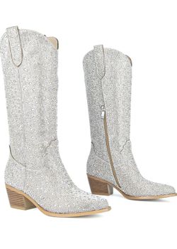 SOVANYOU Women's Rhinestone Cowboy Boots Pointed Toe Block Heel Knee High Boots with Side Zipper