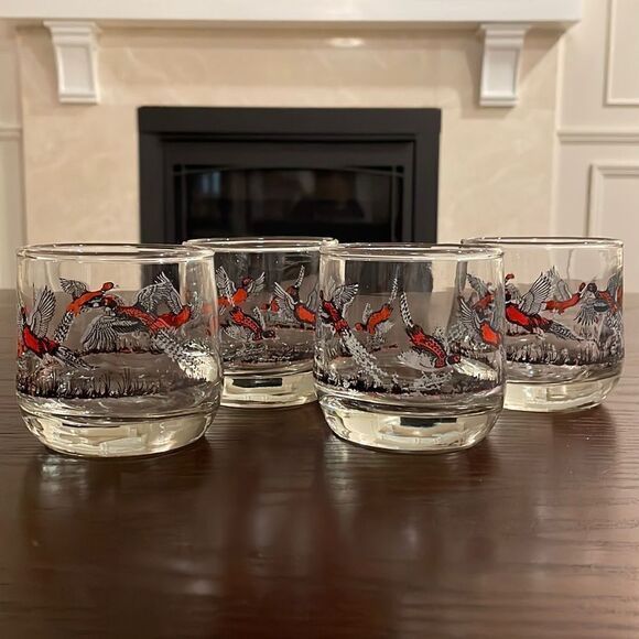 Set of 4 Pheasant Wild Bird Hunting Glasses Collectable Barware Vintage 1960’s