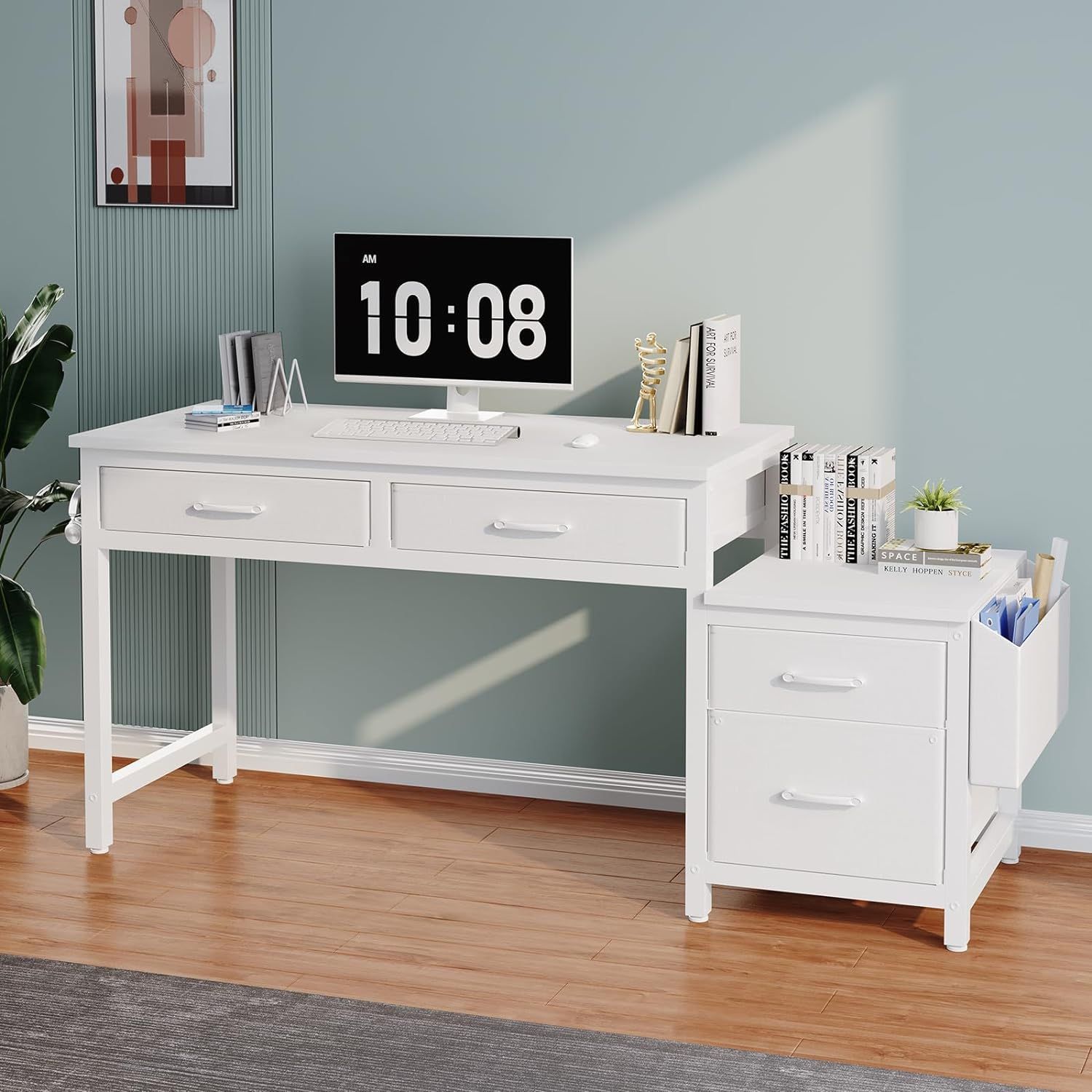 Lufeiya White Computer Desk with Fabric File Drawers Cabinet, 40 Inch Home Office Desks with Filing Cabinet Printer Stand for Small Space, Study Writi